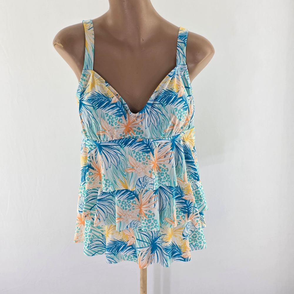HEAT Swimwear Tankini Top Womens L 14 Multi Tropical Floral Tiered Ruffle V-Neck